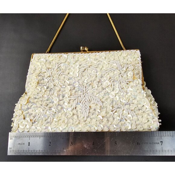 Beaded Clutch Purse Evening Bag Hand Made in Hong Kong MCM Sequin Ivory 7"x4.5" - Picture 2 of 9